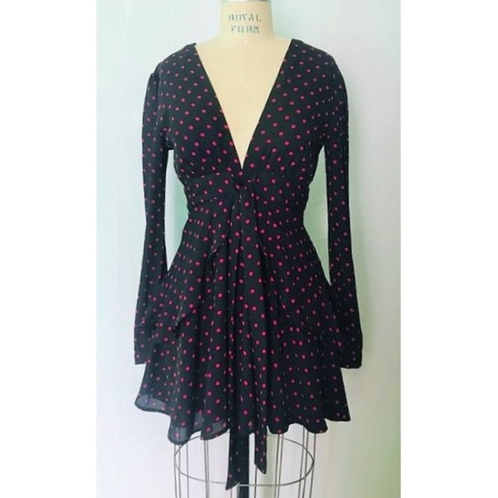 WAYF ROLAND BLACK PINK POLKA DOT LONG SLEEVE MINI DRESS XS NWT
